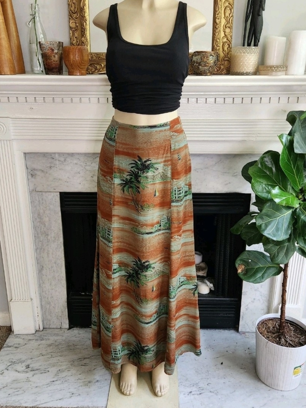 Vintage 90s Y2K Citron Brown Maxi Skirt Green Hawaiian Print Beach Size Small - Picture 2 of 10